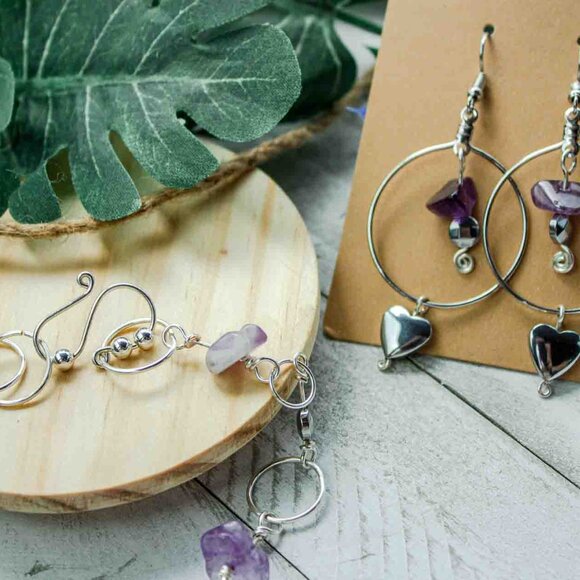 Amethyst Chip Silver Hoop Earrings & Necklace Set with Silver-Plated Heart Charm - Picture 3 of 9